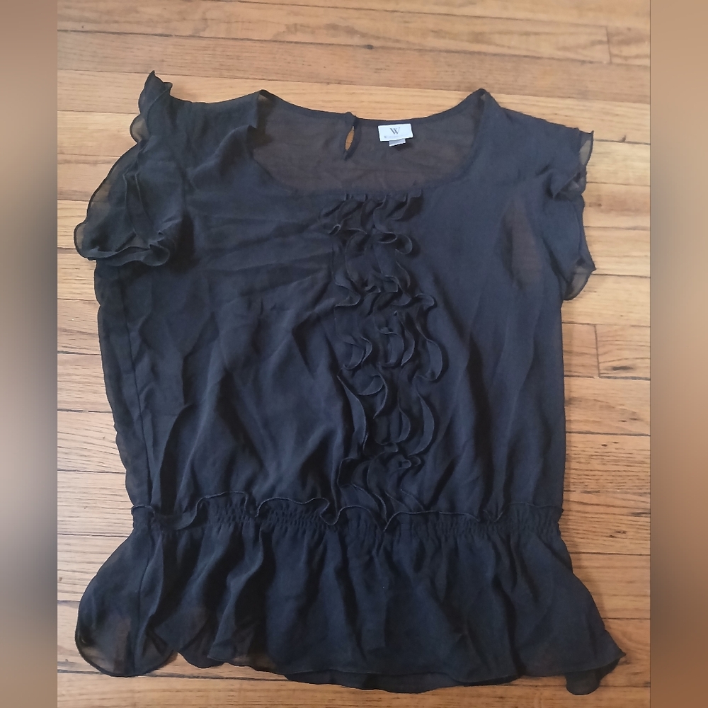 Worthington- Women's Black Sheer Ruffle Casual Lightweight Blouse. Size Large.